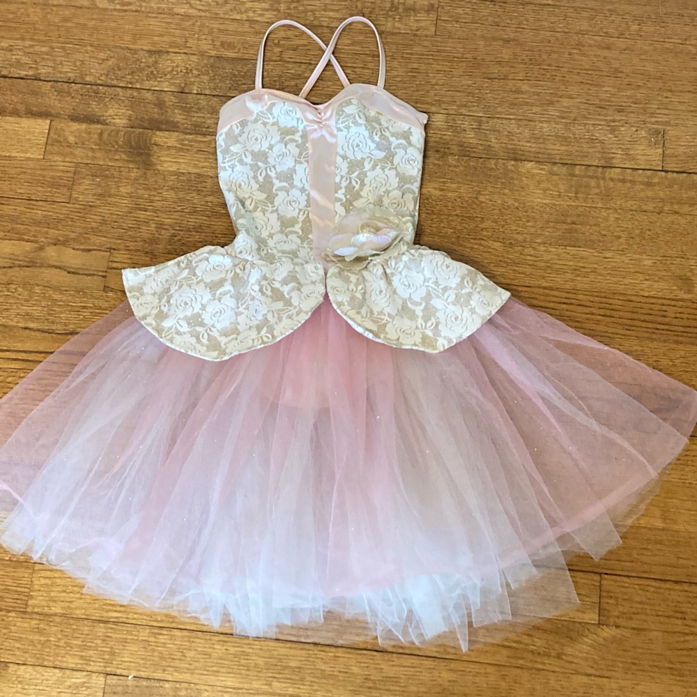 Medium Child Pink Ballerina Costume -Beige floral bodice with Gold glitter